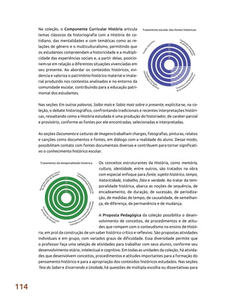 114
Na coleção, o Componente Curricular História articula
temas clássicos da historiografia com a História do co-
tidiano, das mentalidades e com temáticas como as re-
lações de gênero e o multiculturalismo, permitindo que
os estudantes compreendam a historicidade e a multipli-
cidade das experiências sociais e, a partir delas, posicio-
nem-se em relação a diferentes situações vivenciadas em
seu presente. Ao abordar os conteúdos históricos, evi-
dencia e valoriza o patrimônio histórico material e imate-
rial produzido nos contextos analisados e no entorno da
comunidade escolar, contribuindo para a educação patri-
monial dos estudantes.
Nas seções Em outras palavras, Saiba mais e Sabia mais sobre o presente, explicita-se, na co-
leção, o debate historiográfico, confrontando tradicionais e recentes interpretações históri-
cas, ressaltando como a História estudada é uma produção do historiador, de caráter parcial
e provisório, conforme as fontes por ele encontradas, selecionadas e interpretadas.
As seções Documento e Leituras de Imagens trabalham charges, fotografias, pinturas, relatos
e canções como documentos e fontes, em diálogo com a realidade do aluno. Desse modo,
possibilitam contato com fontes documentais diversas e contribuem para tornar significati-
vo o conhecimento histórico escolar.
Os conceitos estruturantes da História, como memória,
cultura, identidade, entre outros, são tratados na obra
com especial enfoque para fonte, sujeito histórico, tempo,
historicidade, trabalho, fato e verdade. Ao tratar da tem-
poralidade histórica, abarca as noções de sequência, de
encadeamento, de duração, de sucessão, de periodiza-
ção, de medidas de tempo, de causalidade, de semelhan-
ça, de diferença, de permanência e de mudança.
A Proposta Pedagógica da coleção possibilita o desen-
volvimento de conceitos, de procedimentos e de atitu-
des que rompem com o conteudismo no ensino de Histó-
ria, em prol da construção de um saber histórico crítico e reflexivo. São propostas atividades
individuais e em grupo, com variados graus de dificuldade. Essa diversidade permite que
o professor faça uma seleção de atividades para trabalhar com seus alunos, conforme seu
desenvolvimento etário, intelectual e cognitivo. Em todas as unidades da coleção, há ativida-
des que desenvolvem conceitos, procedimentos e atitudes importantes para a formação do
pensamento histórico e para a apropriação dos conteúdos históricos estudados. Nas seções
Teia do Saber e Encerrando a Unidade, há questões de múltipla escolha ou dissertativas para
 