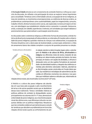 121
A Formação Cidadã articula-se com o tratamento do conteúdo histórico e reforça-se o exer-
cício da discussão, da reflexão e da participação do aluno ao explorar temas importantes
para a atualidade. Temáticas como a diversidade cultural, a ocupação de terras indígenas, as
lutas de resistência, os movimentos emancipacionistas, as violências de diversas ordens, as
problemáticas contemporâneas como sustentabilidade, papel da imagem/mídia, consumo,
trabalho infantil, direitos humanos entre outras, são exploradas no texto principal e em bo-
xes, com abordagens que estabelecem relações entre o presente e o passado. Destaca-se,
ainda, a subseção Ser cidadão: experiências e vivências, com atividades que exigem debates e
posicionamentos que potencializam a participação social do aluno.
As discussões sobre a tolerância religiosa; as diferentes formas de preconceito; a dívida his-
tórica do Brasil junto à população afrodescendente; as reiteradas afirmações sobre a diversi-
dade dos povos indígenas; questões relativas às crianças e aos adolescentes, à ocupação da
Floresta Amazônica com a destruição da biodiversidade; a preservação ambiental e a falta
de saneamento básico das cidades compõem o conjunto de questões presentes na coleção.
A coleção atende às determinações legais sobre a aborda-
gem da História e da cultura da África, afro-brasileira e
indígena nos diferentes níveis de ensino, tratando de tais
temáticas em determinados períodos da história. No texto
principal, em boxes e em seções de atividades, o africano é
destacado como um dos sujeitos formadores da nacionali-
dade e da identidade brasileira, a despeito das violências co-
metidas pelo elemento colonizador. Ademais, abordam-se
as discriminações sociais construídas em função deste pas-
sado. Sua resistência e estratégias de sobrevivência são dis-
cutidas em diferentes momentos nos volumes e nas ques-
tões que mobilizam saberes e atitudes que, relacionados às
relações étnico-raciais, são encontrados nos livros do 6º e 8º anos.
A História e a cultura dos povos indígenas são aborda-
das em suas lutas pela ocupação e pelo reconhecimento
de terras e de outras questões sociais que se desdobram
dessas lutas tradicionais. Textos e atividades relativas às
políticas públicas de combate às desigualdades sociais,
principalmente nos volumes do 6º e 7º anos, demonstram
a diversidade de povos indígenas, seu crescimento popula-
cional dos últimos anos, suas diferenças culturais e as con-
quistas obtidas com as políticas indigenistas. Ressalva-se
que tais conteúdos colaboram parcialmente para o estudo
de temáticas que abordem as problemáticas em torno das
relações étnico-raciais quanto ao enfrentamento do pre-
 