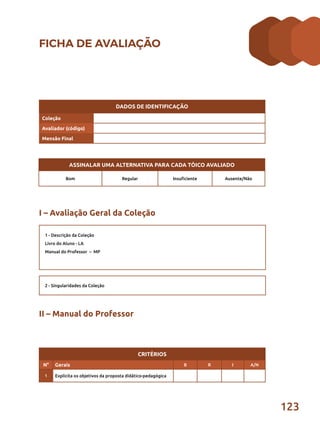 123
FICHA DE AVALIAÇÃO
DADOS DE IDENTIFICAÇÃO
Coleção
Avaliador (código)
Mensão Final
2 - Singularidades da Coleção
1 - Descrição da Coleção
Livro do Aluno - LA
Manual do Professor – MP
I – Avaliação Geral da Coleção
II – Manual do Professor
CRITÉRIOS
N° Gerais B R I A/N
1 Explicita os objetivos da proposta didático-pedagógica
ASSINALAR UMA ALTERNATIVA PARA CADA TÓICO AVALIADO
Bom Regular Insuficiente Ausente/Não
 