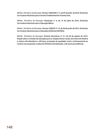 140
BRASIL. Ministério da Educação. Parecer CNE/CEB nº 11, de 07 de julho de 2010. Diretrizes
Curriculares Nacionais para o Ensino Fundamental de 9 (nove) anos.
BRASIL. Ministério da Educação. Resolução n° 4, de 13 de julho de 2010. Diretrizes
Curriculares Nacionais para a Educação Básica.
BRASIL. Ministério da Educação. Parecer CNE/CP nº 14, de 06 de junho de 2012. Diretrizes
Curriculares Nacionais para a Educação Ambiental (DCNEA).
BRASIL. Ministério da Educação. Portaria Normativa nº 21, de 28 de agosto de 2013.
Dispõe sobre a inclusão da educação para as relações étnico-raciais, do ensino de História
e Cultura Afro-Brasileira e Africana, promoção da igualdade racial e enfrentamento ao
racismo nos programas e ações do Ministério da Educação, e dá outras providências.
 