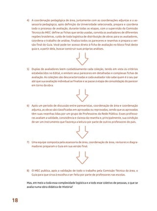 18
4)	 A coordenação pedagógica de área, juntamente com as coordenações adjuntas e a as-
sessoria pedagógica, após definição da Universidade selecionada, prepara e coordena
todo o processo de avaliação, durante todas as etapas, com a supervisão da Comissão
Técnica do MEC: define as fichas que serão usadas, convida os avaliadores de diferentes
regiões brasileiras, cuida de toda logística de distribuição de obras para os avaliadores,
coordena o trabalho de análise, finaliza todos os pareceres e resenhas e prepara a ver-
são final do Guia. Você pode ter acesso direto à ficha de avaliação no bloco final deste
guia e, a partir dela, buscar construir suas próprias análises.
5)	 Duplas de avaliadores leem cuidadosamente cada coleção, tendo em vista os critérios
estabelecidos no Edital, e emitem seus pareceres em detalhadas e complexas fichas de
avaliação. As coleções são descaracterizadas e cada avaliador não sabe quem é o seu par
até que sua avaliação individual se finalize e se passe à etapa de consolidação do parecer
em torno da obra.
6)	 Após um período de discussão entre pareceristas, coordenação de área e coordenação
adjunta, as obras são classificadas em aprovadas ou reprovadas, sendo que as aprovadas
têm suas resenhas lidas por um grupo de Professores da Rede Pública. Esses professo-
res avaliam a validade, consistência e clareza da resenha e, principalmente, sua condição
de ser um instrumento que favoreça a leitura por parte de outros professores do país.
7)	 Uma equipe composta pela assessoria de área, coordenação de área, revisores e diagra-
madores preparam o Guia em sua versão final.
8)	 O MEC publica, após a validação de todo o trabalho pela Comissão Técnica da área, o
Guia para que sirva à escolha a ser feita por parte de professores nas escolas.
Mas, em meio a toda essa complexidade logística e a todo esse coletivo de pessoas, o que se
avalia numa obra didática de História?
 