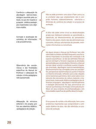 20
Coerência e adequação da
abordagem teórico-meto-
dológica assumida pela co-
leção, no que diz respeito à
proposta didático-pedagó-
gica explicitada e aos obje-
tivos visados.
Correção e atualização de
conceitos, de informações
e de procedimentos.
Observância das caracte-
rísticas e das finalidades
específicas do Manual do
Professor e adequação da
coleção à linha pedagógica
nele apresentada.
Adequação da estrutura
editorial e do projeto grá-
fico aos objetivos didático-
-pedagógicos da coleção.
Não se pode prometer uma coisa e fazer outra; ou
se prometer algo que simplesmente não é cum-
prido. Portanto, substantivamente, valoriza-se a
dimensão de coerência da coleção no processo de
avaliação.
A obra não pode conter erros ou desatualizações
graves que impliquem prejuízos ao aprendizado e,
sobretudo, ao desenvolvimento do pensamento
histórico dos jovens. Assim, não são admissíveis ana-
cronismos, leituras voluntaristas do passado, incor-
reções informativas ou conceituais.
Erros graves de revisão e de editoração, bem como
problemas importantes que comprometam a utili-
zação didática da obra, não são admitidos no pro-
cesso de avaliação.
Há algum tempo o Manual do Professor tem sido
valorizado no âmbito do PNLD enquanto uma ferra-
menta importante no processo de orientação e de
suporte ao professor. Já não são admitidos Manuais
que se restrinjam a fornecer respostas às atividades
apresentadas para os estudantes. Portanto, o Manual
tem por dever orientar o professor quanto à legisla-
ção priorizada, abordagens teórico-metodológicas,
desenvolvimento das atividades junto aos estudan-
tes, perspectivas epistemológicas quanto à História
e à História Ensinada, reflexões acerca das relações
entre memória e patrimônio, bem como sobre o tra-
tamento dos elementos da cultura material e ima-
terial locais, exploração didático-pedagógica das di-
ferentes linguagens, abordagens interdisciplinares
e avaliação educacional. Ou seja, preconiza-se um
manual que favoreça a formação continuada do pro-
fessor em seus contextos de profissionalização e em
comunidades específicas de partilha dessa formação.
 