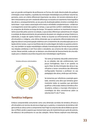 33
que um grande contingente de professores se formou de modo desvinculado de qualquer
orientação a esse respeito, a questão da orientação metodológica ao professor assume-se,
portanto, como um critério diferencial importante nas obras. Um terceiro elemento de or-
dem interpretativa que vem revelando diferenças no tocante ao tratamento historiográfico
das obras e, consequentemente, ao seu grau de atualização global, envolve a condição de o
texto-base – e por vezes a associação entre texto e atividades complementares – evidenciar
o protagonismo social dos sujeitos no tempo, o que permite conferir visibilidade às lutas e
às conquistas de direitos ao longo do tempo. Tal aspecto revela-se no movimento interpre-
tativo assumido pelos autores na coleção, o que produz diferenças substantivas em relação
à condição de desenvolvimento do pensamento do jovem em relação ao tempo histórico e,
sobretudo, à noção de sujeito histórico. Ainda no tocante ao enfrentamento da temática
afro-brasileira e indígena, uma última dimensão que se apresenta diferenciadamente em
algumas obras é uma preocupação sistêmica com o tratamento de uma educação para as re-
lações étnico-raciais, o que se manifesta não só na abordagem de todos os quesitos anterio-
res, mas também na opção metodológica voltada à tematização das formas de preconceito
nas relações cotidianas e com foco sobre o estudante, seu universo de vida e suas práticas
sociais. Nesse sentido, acaba por se destacar uma dimensão de favorecimento de uma edu-
cação para a cidadania assumida enquanto eixo metodológico significativo.
Tal como já havíamos discutido anteriormen-
te, as coleções não são unidirecionais, tam-
pouco homogêneas. Esse é um quesito no
qual o fator de discriminação das obras é sig-
nificativo e tomar consciência das diferentes
configurações favorece o professor no uso
pedagógico das obras, ainda que sob limites.
Se tomarmos por referência o exemplo apon-
tado, veremos uma obra que tematiza gene-
ricamente todos os quesitos que permitem
qualificar a discussão relativa à temática afro-
-brasileira, embora a inscrição informativa e
cronológica da obra concentre-se sobre os
volumes do 6º e do 7º anos.
Temática indígena
Embora compreendida comumente como uma dimensão correlata da temática africana e
afro-brasileira em termos da estrutura legal que a sustenta, o tratamento da temática indí-
gena ainda se coloca como o componente mais frágil no conjunto das obras didáticas aprova-
das no PNLD, sendo o aspecto que merece maior grau de investimento por parte de autores,
de editoras e de professores no uso das coleções. Vários fatores explicam essa distinção,
 