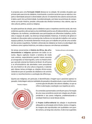 43
A proposta para uma Formação Cidadã destaca-se na coleção. Há variadas situações que
primam pelo exercício da cidadania, incentivando o convívio social em que se valoriza o res-
peito à identidade pessoal e à diversidade cultural. O tratamento dos valores socioculturais
é dado a partir de sua historicidade. A problematização, com base nas premissas do compo-
nente curricular História, preside a discussão dos direitos humanos e dos valores, seja no
viés cultural, político, social ou religioso.
As ações positivas da coleção, para a cidadania e para o respeitoso convívio social, são mais
evidentes quando a obra propicia uma visibilidade positiva aos afrodescendentes, aos povos
indígenas e às mulheres, considerando suas participações em diferentes trabalhos, profis-
sões e espaços de poder, nas diversas temporalidades históricas. A temática de gênero é
tratada em discussões sobre a presença das mulheres no mercado de trabalho e em outros
espaços públicos, fornecendo elementos iniciais para um trabalho em prol de uma socieda-
de não sexista e igualitária. Também a dimensão da cidadania se mostra na abordagem das
mulheres como sujeitos históricos, em todas as épocas e em diversas sociedades.
Os temas concernentes à História da África, dos afro-
descendentes e indígenas aparecem em todos os vo-
lumes. Alguns capítulos trazem a temática de modo
mais extenso, especialmente quando tratam assuntos
já consagrados na historiografia, como na História Anti-
ga e período colonial da História do Brasil. Os africanos
e os afro-brasileiros são abordados como possuidores
de uma história e de uma cultura singulares. A aborda-
gem desses temas privilegia as relações étnico-raciais,
voltando-se para as questões da cidadania e do convívio
social e o reconhecimento e a aceitação das diferenças.
Quanto aos indígenas, em particular, é desmitificada a imagem que o posiciona apenas no
passado. A abordagem valoriza realidades do passado e situações atuais, o que contribui para
a construção de atitudes e de valores cidadãos, no que se
refere à valorização, à aceitação e ao respeito ao outro.
Os conteúdos apresentados contribuem para a formação
de uma nova consciência social com relação aos afrodes-
cendentes e aos povos indígenas, problematizando a
condição histórica e social desses atores.
O Projeto Gráfico-editorial da coleção é visualmente
adequado na articulação entre títulos, textos e imagens.
As imagens são reproduzidas com qualidade e em gran-
de número, ao longo dos volumes. A obra traz sugestões
 