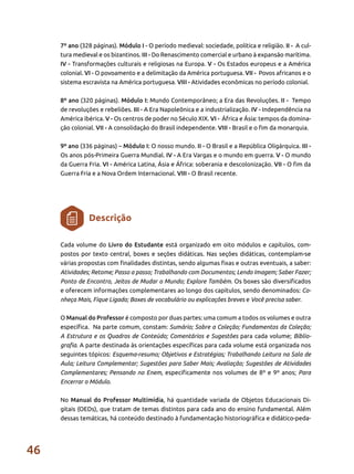 46
7º ano (328 páginas). Módulo I - O período medieval: sociedade, política e religião. II - A cul-
tura medieval e os bizantinos. III - Do Renascimento comercial e urbano à expansão marítima.
IV - Transformações culturais e religiosas na Europa. V - Os Estados europeus e a América
colonial. VI - O povoamento e a delimitação da América portuguesa. VII - Povos africanos e o
sistema escravista na América portuguesa. VIII - Atividades econômicas no período colonial.
8º ano (320 páginas). Módulo I: Mundo Contemporâneo; a Era das Revoluções. II - Tempo
de revoluções e rebeliões. III - A Era Napoleônica e a industrialização. IV - Independência na
América ibérica. V - Os centros de poder no Século XIX. VI - África e Ásia: tempos da domina-
ção colonial. VII - A consolidação do Brasil independente. VIII - Brasil e o fim da monarquia.
9º ano (336 páginas) – Módulo I: O nosso mundo. II - O Brasil e a República Oligárquica. III -
Os anos pós-Primeira Guerra Mundial. IV - A Era Vargas e o mundo em guerra. V - O mundo
da Guerra Fria. VI - América Latina, Ásia e África: soberania e descolonização. VII - O fim da
Guerra Fria e a Nova Ordem Internacional. VIII - O Brasil recente.
Cada volume do Livro do Estudante está organizado em oito módulos e capítulos, com-
postos por texto central, boxes e seções didáticas. Nas seções didáticas, contemplam-se
várias propostas com finalidades distintas, sendo algumas fixas e outras eventuais, a saber:
Atividades; Retome; Passo a passo; Trabalhando com Documentos; Lendo Imagem; Saber Fazer;
Ponto de Encontro, Jeitos de Mudar o Mundo; Explore Também. Os boxes são diversificados
e oferecem informações complementares ao longo dos capítulos, sendo denominados: Co-
nheça Mais, Fique Ligado; Boxes de vocabulário ou explicações breves e Você precisa saber.
O Manual do Professor é composto por duas partes: uma comum a todos os volumes e outra
específica. Na parte comum, constam: Sumário; Sobre a Coleção; Fundamentos da Coleção;
A Estrutura e os Quadros de Conteúdo; Comentários e Sugestões para cada volume; Biblio-
grafia. A parte destinada às orientações específicas para cada volume está organizada nos
seguintes tópicos: Esquema-resumo; Objetivos e Estratégias; Trabalhando Leitura na Sala de
Aula; Leitura Complementar; Sugestões para Saber Mais; Avaliação; Sugestões de Atividades
Complementares; Pensando no Enem, especificamente nos volumes de 8º e 9º anos; Para
Encerrar o Módulo.
No Manual do Professor Multimídia, há quantidade variada de Objetos Educacionais Di-
gitais (OEDs), que tratam de temas distintos para cada ano do ensino fundamental. Além
dessas temáticas, há conteúdo destinado à fundamentação historiográfica e didático-peda-
Descrição
 
