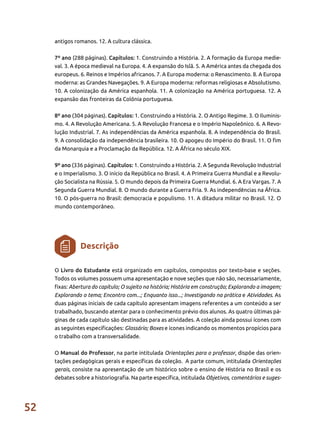 52
antigos romanos. 12. A cultura clássica.
7º ano (288 páginas). Capítulos: 1. Construindo a História. 2. A formação da Europa medie-
val. 3. A época medieval na Europa. 4. A expansão do Islã. 5. A América antes da chegada dos
europeus. 6. Reinos e Impérios africanos. 7. A Europa moderna: o Renascimento. 8. A Europa
moderna: as Grandes Navegações. 9. A Europa moderna: reformas religiosas e Absolutismo.
10. A colonização da América espanhola. 11. A colonização na América portuguesa. 12. A
expansão das fronteiras da Colônia portuguesa.
8º ano (304 páginas). Capítulos: 1. Construindo a História. 2. O Antigo Regime. 3. O Iluminis-
mo. 4. A Revolução Americana. 5. A Revolução Francesa e o Império Napoleônico. 6. A Revo-
lução Industrial. 7. As independências da América espanhola. 8. A independência do Brasil.
9. A consolidação da independência brasileira. 10. O apogeu do Império do Brasil. 11. O fim
da Monarquia e a Proclamação da República. 12. A África no século XIX.
9º ano (336 páginas). Capítulos: 1. Construindo a História. 2. A Segunda Revolução Industrial
e o Imperialismo. 3. O início da República no Brasil. 4. A Primeira Guerra Mundial e a Revolu-
ção Socialista na Rússia. 5. O mundo depois da Primeira Guerra Mundial. 6. A Era Vargas. 7. A
Segunda Guerra Mundial. 8. O mundo durante a Guerra Fria. 9. As independências na África.
10. O pós-guerra no Brasil: democracia e populismo. 11. A ditadura militar no Brasil. 12. O
mundo contemporâneo.
O Livro do Estudante está organizado em capítulos, compostos por texto-base e seções.
Todos os volumes possuem uma apresentação e nove seções que não são, necessariamente,
fixas: Abertura do capítulo; O sujeito na história; História em construção; Explorando a imagem;
Explorando o tema; Encontro com...; Enquanto isso...; Investigando na prática e Atividades. As
duas páginas iniciais de cada capítulo apresentam imagens referentes a um conteúdo a ser
trabalhado, buscando atentar para o conhecimento prévio dos alunos. As quatro últimas pá-
ginas de cada capítulo são destinadas para as atividades. A coleção ainda possui ícones com
as seguintes especificações: Glossário; Boxes e ícones indicando os momentos propícios para
o trabalho com a transversalidade.
O Manual do Professor, na parte intitulada Orientações para o professor, dispõe das orien-
tações pedagógicas gerais e específicas da coleção. A parte comum, intitulada Orientações
gerais, consiste na apresentação de um histórico sobre o ensino de História no Brasil e os
debates sobre a historiografia. Na parte específica, intitulada Objetivos, comentários e suges-
Descrição
 