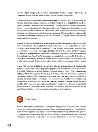 64
potâmia e Egito Antigo. Cultura, política e sociedades: Persas, Fenícios e Hebreus. IV - O
Escravismo Antigo: Grécia e Roma: A Grécia Antiga. Roma na antiguidade.
7º ano (288 páginas). Unidade I - O Mundo Medieval: A formação dos reinos Romano-Ger-
mânicos. Bizantinos, Árabes e Francos. A Sociedade Feudal. II - A Sociedade Moderna: Tran-
sição, Expansão e Colonização: Europa moderna. Expansão marítima europeia. Povos ame-
ricanos e encontro de culturas. A colonização na América Portuguesa. A América Portuguesa
em expansão. III - História e Cultura Indígena: Os povos indígenas no início da Colonização.
As lutas e conquistas dos povos indígenas. IV - Africanos, Afrodescendentes e a Formação
Sociocultural Brasileira: Reinos africanos. Os Africanos e a Diáspora. Lutas e conquistas de
africanos e afrodescendentes.
8º ano (288 páginas). Unidade I - A Modernidade Europeia: Tempo de Revoluções: A Ingla-
terra revolucionária. A Revolução Industrial e transformações na produção. A França revolu-
cionária. II - A Sociedade Liberal: Ideologia e Crítica: As ideias iluministas e a ordem burgue-
sa. Liberalismo econômico e Revoluções de 1820, 1830 e 1848. A crítica à ordem burguesa.
III - Américas Independentes: A Revolução Americana. Movimentos de independência na
América Espanhola. A América Portuguesa em tempos de independência. IV - O Brasil no sé-
culo XIX: Transformações e Conflitos Sociais: A construção do império e os conflitos duran-
te o Período Regencial. O Segundo Reinado: transformações econômicas e conflitos sociais.
9º ano (320 páginas). Unidade I - A Sociedade Liberal: do Imperialismo à bipolarização
mundial: O Imperialismo e a ocupação do espaço mundial. A Primeira Guerra Mundial. A Cri-
se de 1929. Os Fascismos. A Segunda Guerra Mundial. A Guerra Fria. II - Crises e Revoluções
no Século XX: A Revolução de Bolchevique. A Revolução Chinesa. A Revolução Cubana. III
- A Reorganização da Política Internacional nos séculos XX e XXI: A Descolonização afro-
-asiática. A crise do modelo socialista e a nova ordem mundial. Neoliberalismo, Globalização
e Organismos Multilaterais nos séculos XX e XXI. IV - A América Latina e o Brasil nos sécu-
los XX e XXI: a economia agroexportadora brasileira nas primeiras décadas do século XX.
A industrialização latino-americana e brasileira, a urbanização e as transformações sociais
trabalhistas. Ditadura e redemocratização no Brasil e na América Latina.
No Livro do Estudante, cada capítulo começa com a seção Início de conversa, com imagem
e texto que contextualizam as temáticas e indicam questões para suscitar a curiosidade do
aluno. A última seção de cada capítulo, denominada Para construir o conhecimento, apresen-
ta uma questão-problema após a leitura de um ou mais textos e/ou imagens para estimular
o raciocínio histórico e a construção de argumentos. As unidades se encerram com uma se-
Descrição
 