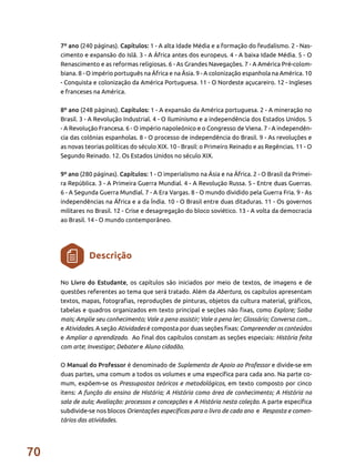 70
7º ano (240 páginas). Capítulos: 1 - A alta Idade Média e a formação do feudalismo. 2 - Nas-
cimento e expansão do Islã. 3 - A África antes dos europeus. 4 - A baixa Idade Média. 5 - O
Renascimento e as reformas religiosas. 6 - As Grandes Navegações. 7 - A América Pré-colom-
biana. 8 - O império português na África e na Ásia. 9 - A colonização espanhola na América. 10
- Conquista e colonização da América Portuguesa. 11 - O Nordeste açucareiro. 12 - Ingleses
e franceses na América.
8º ano (248 páginas). Capítulos: 1 - A expansão da América portuguesa. 2 - A mineração no
Brasil. 3 - A Revolução Industrial. 4 - O Iluminismo e a independência dos Estados Unidos. 5
- A Revolução Francesa. 6 - O império napoleônico e o Congresso de Viena. 7 - A independên-
cia das colônias espanholas. 8 - O processo de independência do Brasil. 9 - As revoluções e
as novas teorias políticas do século XIX. 10 - Brasil: o Primeiro Reinado e as Regências. 11 - O
Segundo Reinado. 12. Os Estados Unidos no século XIX.
9º ano (280 páginas). Capítulos: 1 - O imperialismo na Ásia e na África. 2 - O Brasil da Primei-
ra República. 3 - A Primeira Guerra Mundial. 4 - A Revolução Russa. 5 - Entre duas Guerras.
6 - A Segunda Guerra Mundial. 7 - A Era Vargas. 8 - O mundo dividido pela Guerra Fria. 9 - As
independências na África e a da Índia. 10 - O Brasil entre duas ditaduras. 11 - Os governos
militares no Brasil. 12 - Crise e desagregação do bloco soviético. 13 - A volta da democracia
ao Brasil. 14 - O mundo contemporâneo.
No Livro do Estudante, os capítulos são iniciados por meio de textos, de imagens e de
questões referentes ao tema que será tratado. Além da Abertura, os capítulos apresentam
textos, mapas, fotografias, reproduções de pinturas, objetos da cultura material, gráficos,
tabelas e quadros organizados em texto principal e seções não fixas, como Explore; Saiba
mais; Amplie seu conhecimento; Vale a pena assistir; Vale a pena ler; Glossário; Conversa com...
e Atividades. A seção Atividades é composta por duas seções fixas: Compreender os conteúdos
e Ampliar o aprendizado. Ao final dos capítulos constam as seções especiais: História feita
com arte; Investigar; Debater e Aluno cidadão.
O Manual do Professor é denominado de Suplemento de Apoio ao Professor e divide-se em
duas partes, uma comum a todos os volumes e uma específica para cada ano. Na parte co-
mum, expõem-se os Pressupostos teóricos e metodológicos, em texto composto por cinco
itens: A função do ensino de História; A História como área de conhecimento; A História na
sala de aula; Avaliação: processos e concepções e A História nesta coleção. A parte específica
subdivide-se nos blocos Orientações específicas para o livro de cada ano e Resposta e comen-
tários das atividades.
Descrição
 