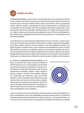 71
No Manual do Professor, orienta-se para a compreensão dos usos do passado e da relação
entre o conhecimento histórico escolar com outras formas de conhecimento. Discorre-se so-
bre temas como a natureza do saber histórico, sobre o uso de fontes, sobre os conceitos de
história, memória, verdade e representação. Os textos complementares, as reflexões sobre
os conteúdos a serem ensinados, bem como as sugestões de trabalho suplementar ao Livro
do Estudante oferecem contribuições significativas para a formação continuada do profes-
sor. Todos os capítulos são acrescidos com sugestões de sites, de filmes e de bibliografia, o
que colabora para a ampliação dos conhecimentos de professores e de estudantes acerca
dos temas abordados.
As atividades do Livro do Estudante são elaboradas de maneira a valorizar o universo viven-
ciado e/ou conhecido pelos estudantes. Apresentam-se, também, sugestões de abordagem
de temáticas relativas a gênero, ao meio ambiente, à luta pela igualdade de direitos e ao
papel de grupos e camadas sociais, como os operários e os trabalhadores em geral. As refle-
xões dispostas nos textos e as sugestões presentes nas orientações específicas de cada vo-
lume da coleção demonstram a relação estabelecida entre história e cidadania, como possi-
bilidade de desenvolvimento do sujeito capaz de analisar e tomar decisões na esfera pública.
Contemplam-se reflexões sobre a História e a cultura dos povos indígenas e afro-brasileiros.
Em relação ao Componente Curricular História, na co-
leção, os discentes têm acesso à grande variedade de
fontes históricas e, no Livro do Estudante, são oferecidos
suportes para que estes as interpelem e comparem as in-
formações entre diferentes documentos que, em geral,
apresentam-se associados: imagem e texto, imagem e
imagem, imagem e referência historiográfica. Destaca-
-se a valorização das referências visuais como fontes
históricas e como propiciadoras das reflexões acerca das
tensões sociais que marcam os vários tempos e espaços.
Nesse processo, a fotografia tem relevância. Textos prin-
cipais e atividades ainda possibilitam aos estudantes co-
nhecer histórias até pouco tempo não contempladas, ou
pouco contempladas nos livros didáticos.
Diversos conceitos estruturantes da História, entre eles tempo, memória, fonte histórica, evi-
dência, permanência e ruptura, são trabalhados ao longo dos quatro volumes. O tratamento
da temporalidade histórica é identificado em todos os volumes e, com especial enfoque, no
livro do 6º ano, por meio de textos e de propostas de atividades que favorecem as relações
Análise da obra
 