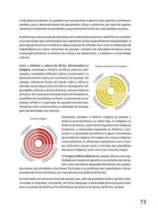 73
vivido pelos estudantes. As questões que acompanham a abertura dos capítulos contribuem,
também, para o desenvolvimento do pensamento crítico e autônomo, por meio de questio-
namentos e motivando os estudantes a se posicionarem frente aos mais variados assuntos.
As diferenças culturais são apresentadas como elementos positivos, e identifica-se a tendên-
cia à valorização das manifestações dos segmentos sociais especialmente marginalizados. A
participação feminina na História é objeto especial de reflexão, bem como a mobilização de
trabalhadores em vários momentos do passado. Também são abordadas temáticas como
a educação ambiental, os direitos da criança e do adolescente, a cidadania e a diversidade
cultural.
Sobre a História e cultura da África, afro-brasileira e
indígena, contempla a História da África antes da colo-
nização e possibilita reflexões sobre o preconceito e o
desconhecimento acerca do continente em questão. Na
coleção, indicam-se fontes de estudo sobre a África e
abordam-se temáticas como território e demografia, reli-
giosidades, práticas culturais africanas, reinos e impérios
africanos. No tratamento da história dos afro-brasileiros,
possibilita aos estudantes conhecer o processo de escra-
vização sofrido e a superação do passado escravocrata.
Temáticas como o preconceito e a ideologia da mestiça-
gem são abordadas nos volumes.
Contempla, também, a História indígena ao abordar a
América pré-colombiana, os índios hoje, os indígenas na
América do Norte, o patrimônio linguístico dos indígenas
brasileiros, a colonização espanhola na América, a con-
quista e a colonização da América e alguns movimentos
de resistência indígena. Há imagens de crianças indígenas
numa referência às diferentes experiências com o tem-
po, conforme o grupo social, e menções aos calendários
dos povos indígenas, assim como aos mitos de origem.
O Projeto Gráfico-editorial da coleção oferece boa legi-
bilidade em relação ao desenho e ao tamanho das letras,
bem como apresenta adequada distribuição das seções,
dos textos, das atividades e dos boxes. Os títulos e os subtítulos são organizados e hierar-
quizados de forma harmônica, por meio de recursos gráficos eficientes.
As ilustrações são um ponto forte da coleção, pois, além da qualidade gráfica, são bem refe-
renciadas e integradas, retratando, de forma adequada, a diversidade étnica do povo brasi-
leiro e as etnias da América Pré-Colombiana, da América do Norte, da África e da Ásia.
 