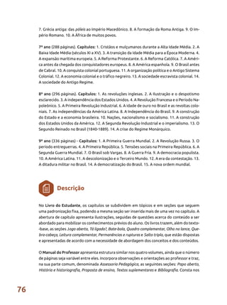 76
7. Grécia antiga: das póleis ao Império Macedônico. 8. A formação da Roma Antiga. 9. O Im-
pério Romano. 10. A África de muitos povos.
7º ano (288 páginas). Capítulos: 1. Cristãos e mulçumanos durante a Alta Idade Média. 2. A
Baixa Idade Média (séculos XI a XV). 3. A transição da Idade Média para a Época Moderna. 4.
A expansão marítima europeia. 5. A Reforma Protestante. 6. A Reforma Católica. 7. A Améri-
ca antes da chegada dos conquistadores europeus. 8. A América espanhola. 9. O Brasil antes
de Cabral. 10. A conquista colonial portuguesa. 11. A organização política e o Antigo Sistema
Colonial. 12. A economia colonial e o tráfico negreiro. 13. A sociedade escravista colonial. 14.
A sociedade do Antigo Regime.
8º ano (296 páginas). Capítulos: 1. As revoluções inglesas. 2. A Ilustração e o despotismo
esclarecido. 3. A independência dos Estados Unidos. 4. A Revolução Francesa e o Período Na-
poleônico. 5. A Primeira Revolução Industrial. 6. A idade de ouro no Brasil e as revoltas colo-
niais. 7. As independências da América Latina. 8. A Independência do Brasil. 9. A construção
do Estado e a economia brasileira. 10. Nações, nacionalismo e socialismo. 11. A construção
dos Estados Unidos da América. 12. A Segunda Revolução Industrial e o imperialismo. 13. O
Segundo Reinado no Brasil (1840-1889). 14. A crise do Regime Monárquico.
9º ano (336 páginas) - Capítulos: 1. A Primeira Guerra Mundial. 2. A Revolução Russa. 3. O
período entreguerras. 4. A Primeira República. 5. Tensões sociais na Primeira República. 6. A
Segunda Guerra Mundial. 7. O Brasil sob Vargas. 8. A Guerra Fria. 9. A democracia populista.
10. A América Latina. 11. A descolonização e o Terceiro Mundo. 12. A era da contestação. 13.
A ditadura militar no Brasil. 14. A democratização do Brasil. 15. A nova ordem mundial.
No Livro do Estudante, os capítulos se subdividem em tópicos e em seções que seguem
uma padronização fixa, podendo a mesma seção ser inserida mais de uma vez no capítulo. A
abertura de capítulo apresenta ilustrações, seguidas de questões acerca do conteúdo a ser
abordado para mobilizar os conhecimentos prévios do aluno. Os livros trazem, além do texto-
-base, as seções Jogo aberto, Tá ligado?, Bate-bola, Quadro complementar, Olho no lance, Que-
bra-cabeça, Leitura complementar, Permanências e rupturas e Salto triplo, que estão dispostas
e apresentadas de acordo com a necessidade de abordagem dos conceitos e dos conteúdos.
O Manual do Professor apresenta estrutura similar nos quatro volumes, ainda que o número
de páginas seja variável entre eles. Incorpora observações e orientações ao professor e traz,
na sua parte comum, denominada Assessoria Pedagógica, as seguintes seções: Papo aberto,
História e historiografia, Proposta de ensino, Textos suplementares e Bibliografia. Consta nos
Descrição
 