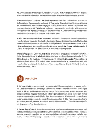 82
nar. Civilizações da África antiga. IV. Política: Grécia: uma mistura de povos. O mundo da pólis.
Roma: origens de um Império. Os povos germanos e a desagregação do Império Romano.
7º ano (288 páginas) - Unidade I. Território e governo: Os árabes e o islamismo. Nos tempos
do feudalismo. As monarquias nacionais. II. Tolerância: Renascimento e Reforma: a Europa
em transformação. As Grandes Navegações. A África subsaariana. América espanhola: con-
quista e colonização. III. Trabalho: Os indígenas e o começo da colonização. Africanos na co-
lônia portuguesa. A produção de açúcar e os holandeses. IV. Deslocamentos populacionais:
Expandindo as fronteiras na América. A corrida do ouro.
8º ano (248 páginas) - Unidade I. Igualdade: Iluminismo e monarquia constitucional na Eu-
ropa. Revolução Industrial. Revoluções iluministas: Estados Unidos e França. II. Movimentos
sociais: Iluminismo e revoltas na colônia. Da independência ao Golpe da Maioridade. III. Na-
ção e nacionalismo: Neocolonialismo. O governo de Pedro II. IV. Terra e meio Ambiente: A
Guerra do Paraguai e o fim da escravidão. A Proclamação da República.
9º ano (272 páginas) - Unidade I. Cidadania: Brasil: nasce a República. Primeira Guerra Mun-
dial e Revolução Russa. II. Violência: O totalitarismo e a Segunda Guerra Mundial (1939-
1945). Brasil, da Revolução de 1930 à ditadura civil-militar. III. Liberdade: A Guerra Fria e a
expansão do socialismo. África e Ásia lutam pela independência. IV. Consumismo: A ditadu-
ra civil-militar brasileira. O fim da Guerra Fria e os conflitos no Oriente Médio. O Brasil e o
mundo: séculos XX e XXI.
O Livro do Estudante contém quatro unidades subdivididas em dois, três ou quatro capítu-
los. Cada volume se inicia com a seção Conheça seu livro e o Sumário e se encerra com a seção
Como se faz. As unidades se iniciam com a seção Ponto de Partida e sempre terminam com
a seção Ponto de chegada. Os capítulos estão organizados em um texto básico com muitas
imagens e duas seções de atividades fixas: Esquema-resumo e Atividades. Os textos são en-
trecortados por seções variadas, como: Enquanto isso..., Raio X, Olho Vivo, Imagem condutora,
Você sabia?, Passado presente, As palavras têm história e Conexões. O Glossário e a Bibliografia
são dispostos ao final de cada volume.
O Manual do Professor é composto por uma Parte geral, comum a todos os volumes, na qual
se discutem os seus pressupostos teóricos, a metodologia, a organização da obra e a avaliação,
além de uma Parte específica, em que se disponibilizam orientações acerca do trabalho com
o componente curricular, as seções e as atividades, apresentando também textos, recursos e
Descrição
 