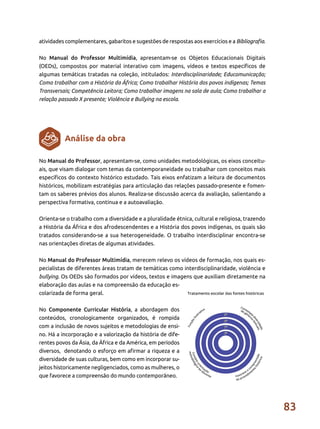 83
atividades complementares, gabaritos e sugestões de respostas aos exercícios e a Bibliografia.
No Manual do Professor Multimídia, apresentam-se os Objetos Educacionais Digitais
(OEDs), compostos por material interativo com imagens, vídeos e textos específicos de
algumas temáticas tratadas na coleção, intitulados: Interdisciplinaridade; Educomunicação;
Como trabalhar com a História da África; Como trabalhar História dos povos indígenas; Temas
Transversais; Competência Leitora; Como trabalhar imagens na sala de aula; Como trabalhar a
relação passado X presente; Violência e Bullying na escola.
No Manual do Professor, apresentam-se, como unidades metodológicas, os eixos conceitu-
ais, que visam dialogar com temas da contemporaneidade ou trabalhar com conceitos mais
específicos do contexto histórico estudado. Tais eixos enfatizam a leitura de documentos
históricos, mobilizam estratégias para articulação das relações passado-presente e fomen-
tam os saberes prévios dos alunos. Realiza-se discussão acerca da avaliação, salientando a
perspectiva formativa, contínua e a autoavaliação.
Orienta-se o trabalho com a diversidade e a pluralidade étnica, cultural e religiosa, trazendo
a História da África e dos afrodescendentes e a História dos povos indígenas, os quais são
tratados considerando-se a sua heterogeneidade. O trabalho interdisciplinar encontra-se
nas orientações diretas de algumas atividades.
No Manual do Professor Multimídia, merecem relevo os vídeos de formação, nos quais es-
pecialistas de diferentes áreas tratam de temáticas como interdisciplinaridade, violência e
bullying. Os OEDs são formados por vídeos, textos e imagens que auxiliam diretamente na
elaboração das aulas e na compreensão da educação es-
colarizada de forma geral.
No Componente Curricular História, a abordagem dos
conteúdos, cronologicamente organizados, é rompida
com a inclusão de novos sujeitos e metodologias de ensi-
no. Há a incorporação e a valorização da história de dife-
rentes povos da Ásia, da África e da América, em períodos
diversos, denotando o esforço em afirmar a riqueza e a
diversidade de suas culturas, bem como em incorporar su-
jeitos historicamente negligenciados, como as mulheres, o
que favorece a compreensão do mundo contemporâneo.
Análise da obra
 