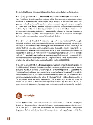 88
Grécia. Grécia Clássica. Cultura da Grécia Antiga. Roma Antiga. Cultura na Roma Antiga.
7º ano (320 páginas). Unidade I – O Período Medieval: O Oriente Médio Medieval. Idade Mé-
dia e Feudalismo. A Igreja e a cultura na Idade Média. Renascimento urbano e crise do Feu-
dalismo. II - A Idade Moderna: A formação do Estado moderno. O Renascimento. A crise reli-
giosa europeia. Absolutismo, Mercantilismo e Arte barroca. A expansão marítima europeia.
III - Culturas da Ásia, África e América: Impérios e sultanatos na Índia. O Segundo Império
na China. Japão medieval: a corte e os guerreiros. Sociedade da África Subsaariana. Socieda-
des Americanas. Os nativos do Brasil. IV - As sociedades coloniais na América: Europeus na
América. Colonização Espanhola. Colonizações Inglesa, Francesa e Holandesa. Colonização
da América Portuguesa. Açúcar e escravidão no Brasil Colônia.
8º ano (320 páginas). Unidade I - A era das revoluções: A Europa no século XVII. Revolução
Iluminista. Revolução Americana. Revolução Francesa e Império Napoleônico, Revolução In-
dustrial; II - A expansão da América Portuguesa: Os Holandeses no Brasil. A colonização do
interior do Brasil. Mineração na América Portuguesa. Conjurações mineira e baiana. III - In-
dependências na América: Independências no Haiti e na América Espanhola. O processo de
independência do Brasil. O Primeiro Reinado e as Regências no Brasil. O Segundo Reinado
no Brasil. IV - Século XIX: nacionalismo e expansionismo: Ideologias políticas no século XIX.
Movimentos nacionalistas e expansionistas. O Imperialismo na África. Imperialismo na Ásia
e na América Latina. Os primeiros anos da República no Brasil (1889-1894).
9º ano (384 páginas). Unidade I. Entreguerras e revoluções: A consolidação da República no
Brasil (1894-1930). A Grande Guerra e a Revolução Russa. O período entreguerras. A Segun-
da Guerra Mundial. O Brasil de Getúlio Vargas. II - O mundo no período da Guerra Fria: As
rivalidades durante a Guerra Fria. Lutas sociais e emancipações nacionais na África e na Ásia.
República democrática no Brasil. Conflitos no Oriente Médio. Brasil sob a ditadura militar. Na-
cionalismo e populismo na América Latina. III - Rumo ao Terceiro Milênio: Crise mundial e o
fim do bloco socialista. O Brasil da abertura política. A redemocratização no Brasil. Novos ru-
mos da América Latina. IV - O mundo contemporâneo: Globalização. Os conflitos atuais. Áfri-
ca: um continente de desafios. Rumos do Brasil contemporâneo. Grandes desafios mundiais.
O Livro do Estudante é composto por unidades e por capítulos. As unidades têm páginas
de abertura duplas com texto introdutório, imagens e questões acerca de pontos pertinen-
tes ao tema geral. As seções fixas e que ocorrem em todos os capítulos são: Diversificando
Linguagens; Dicionário Histórico; Vocabulário e Agora é com você, específica para atividades.
Descrição
 
