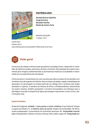 93
A estrutura da coleção orienta-se pela perspectiva cronológica linear, integrando os conte-
údos da História europeia, americana, africana e do Brasil. Há proposição de analisar docu-
mentos e/ou imagens problematizando as permanências históricas na atualidade e relacio-
nando com as experiências dos estudantes.
O foco da obra é o investimento em uma narrativa que alterna escalas de microanálise com
contextos mais abrangentes da História. Decorre dessa estratégia a opção metodológica de
apresentar um personagem ou enredo particular em diálogo com o contexto mais amplo
abordado no capítulo. A temática da História da África e afrodescendentes, desenvolvida
nos quatro volumes, também acompanha a narrativa microanalítica com destaque para a
abordagem centrada na biografia de alguns personagens importantes na luta contra a dis-
criminação racial.
Sumário Sintético
6º ano (223 páginas). Unidade I - Como pensar e contar a História: O que História? Tempos
e lugares da História. II - A História antes da escrita: Origens da humanidade. Na África,
nossos antepassados. O povoamento do continente americano. III - Antiguidade oriental:
Egito e Mesopotâmia. Hebreus. Fenícios, e Persas, China, Índia e Japão. IV - Antiguidade oci-
Daniela Buono Calainho
Jorge Ferreira
Ronaldo Vainfas
Sheila de Castro Faria
0126P17042
Coleção Tipo 2
www.editorasaraiva.com.br/pnld2017/historia-doc-6-ao-9-ano
SARAIVA EDUCAÇÃO
1ª edição - 2015
Visão geral
HISTÓRIA.DOC
 
