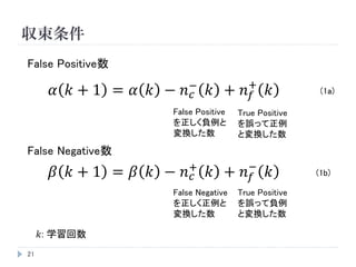 収束条件
21
False Positive数
False Negative数
𝛼 𝑘 + 1 = 𝛼 𝑘 − 𝑛 𝑐
−
𝑘 + 𝑛 𝑓
+
𝑘
𝑘: 学習回数
𝛽 𝑘 + 1 = 𝛽 𝑘 − 𝑛 𝑐
+
𝑘 + 𝑛 𝑓
−
𝑘
False Positive
を正しく負例と
変換した数
True Negative
を誤って正例
と変換した数
False Negative
を正しく正例と
変換した数
True Positive
を誤って負例
と変換した数
(1a)
(1b)
 