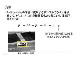 実験
25
 P-N Learningの学習に使用するサンプルのラベルを操
作して、𝑃+
, 𝑅+
, 𝑃−
, 𝑅−
を任意変化させることで、性能評
価を行った
𝑃+
= 𝑅+
= 𝑃−
= 𝑅−
= 1 − 𝜖
0から0.9の間で変化させる
（0.5より小さいと収束）
実験で使用した動画
 