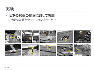 実験
28
 以下の10個の動画に対して実験
 カメラの動きやモーションブラーあり
 