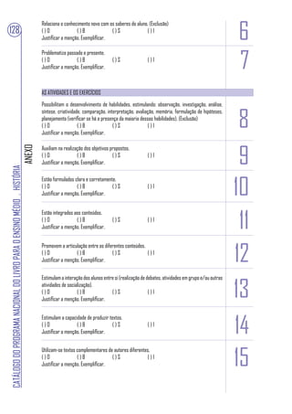6
                                                                                Relaciona o conhecimento novo com os saberes do aluno. (Exclusão)
128                                                                             ()O               ()B              ()S                ()I
                                                                                Justificar a menção. Exemplificar.



                                                                                                                                                                                     7
                                                                                Problematiza passado e presente.
                                                                                ()O               ()B                ()S                ()I
                                                                                Justificar a menção. Exemplificar.



                                                                                AS ATIVIDADES E OS EXERCÍCIOS
                                                                                Possibilitam o desenvolvimento de habilidades, estimulando: observação, investigação, análise,


                                                                                                                                                                                     8
                                                                                síntese, criatividade, comparação, interpretação, avaliação, memória, formulação de hipóteses,
                                                                                planejamento (verificar se há a presença da maioria dessas habilidades). (Exclusão)
                                                                                ()O                 ()B               ()S               ()I
                                                                                Justificar a menção. Exemplificar.




                                                                                                                                                                                     9
                                                                        ANEXO




                                                                                Auxiliam na realização dos objetivos propostos.
                                                                                ()O                ()B                ()S               ()I
                                                                                Justificar a menção. Exemplificar.
CATÁLOGO DO PROGRAMA NACIONAL DO LIVRO PARA O ENSINO MÉDIO . HISTÓRIA




                                                                                                                                                                                    10
                                                                                Estão formulados clara e corretamente.
                                                                                ()O               ()B               ()S                 ()I
                                                                                Justificar a menção. Exemplificar.




                                                                                                                                                                                     11
                                                                                Estão integrados aos conteúdos.
                                                                                ()O               ()B                ()S                ()I
                                                                                Justificar a menção. Exemplificar.




                                                                                                                                                                                    12
                                                                                Promovem a articulação entre os diferentes conteúdos.
                                                                                ()O               ()B               ()S               ()I
                                                                                Justificar a menção. Exemplificar.




                                                                                                                                                                                    13
                                                                                Estimulam a interação dos alunos entre si (realização de debates, atividades em grupo e/ou outras
                                                                                atividades de socialização).
                                                                                ()O                ()B               ()S                  ()I
                                                                                Justificar a menção. Exemplificar.




                                                                                                                                                                                    14
                                                                                Estimulam a capacidade de produzir textos.
                                                                                ()O               ()B               ()S                 ()I
                                                                                Justificar a menção. Exemplificar.




                                                                                                                                                                                    15
                                                                                Utilizam-se textos complementares de autores diferentes.
                                                                                ()O                ()B              ()S               ()I
                                                                                Justificar a menção. Exemplificar.
 