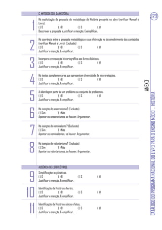 C. METODOLOGIA DA HISTÓRIA
                                                                                                                             129

 1
      Há explicitação da proposta de metodologia da História presente na obra (verificar Manual e
      Livro).
      ()O               ()B                ()S                ()I
      Descrever a proposta e justificar a menção. Exemplificar.




2
      Há coerência entre a proposta metodológica e sua efetivação no desenvolvimento dos conteúdos
      (verificar Manual e Livro). (Exclusão)
      ()O                ()B                 ()S             ()I
      Justificar a menção. Exemplificar.



3
      Incorpora a renovação historiográfica aos livros didáticos.
      ()O               ()B                ()S                 ()I
      Justificar a menção. Exemplificar.




4
      Há textos complementares que apresentam diversidade de interpretações.
      ()O               ()B              ()S               ()I




                                                                                                     ANEXO
      Justificar a menção. Exemplificar.




5
      A abordagem parte de um problema ou conjunto de problemas.




                                                                                                             CATÁLOGO DO PROGRAMA NACIONAL DO LIVRO PARA O ENSINO MÉDIO . HISTÓRIA
      ()O               ()B              ()S               ()I
      Justificar a menção. Exemplificar.




6
      Há isenção de anacronismo? (Exclusão)
      ( ) Sim           ( ) Não
      Apontar os anacronismos, se houver. Argumentar.




7
      Há isenção de nominalismo? (Exclusão)
      ( ) Sim           ( ) Não
      Apontar os nominalismos, se houver. Argumentar.




8
      Há isenção de voluntarismo? (Exclusão)
      ( ) Sim           ( ) Não
      Apontar os voluntarismos, se houver. Argumentar.



      AUSÊNCIA DE ESTEREÓTIPOS



 9
      Simplificações explicativas.
      ()O                ()B                ()S               ()I
      Justificar a menção. Exemplificar.



10
      Identificação da História a heróis.
      ()O                 ()B               ()S               ()I
      Justificar a menção. Exemplificar.



 11
      Identificação da História a datas e fatos.
      ()O                 ()B                ()S              ()I
      Justificar a menção. Exemplificar.
 