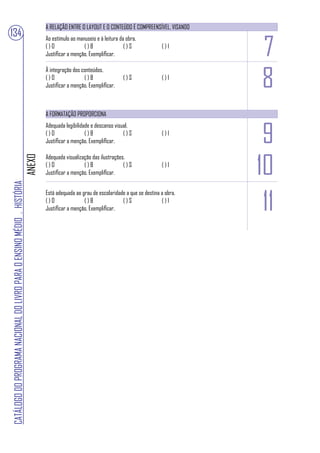 A RELAÇÃO ENTRE O LAYOUT E O CONTEÚDO É COMPREENSÍVEL, VISANDO
134
                                                                                                                                                 7
                                                                                Ao estímulo ao manuseio e à leitura da obra.
                                                                                ()O               ()B                 ()S              ()I
                                                                                Justificar a menção. Exemplificar.



                                                                                                                                                 8
                                                                                À integração dos conteúdos.
                                                                                ()O               ()B                ()S               ()I
                                                                                Justificar a menção. Exemplificar.



                                                                                A FORMATAÇÃO PROPORCIONA



                                                                                                                                                  9
                                                                                Adequada legibilidade e descanso visual.
                                                                                ()O                ()B               ()S               ()I
                                                                                Justificar a menção. Exemplificar.



                                                                                                                                                 10
                                                                                Adequada visualização das ilustrações.
                                                                        ANEXO




                                                                                ()O               ()B                ()S               ()I
                                                                                Justificar a menção. Exemplificar.
CATÁLOGO DO PROGRAMA NACIONAL DO LIVRO PARA O ENSINO MÉDIO . HISTÓRIA




                                                                                                                                                  11
                                                                                Está adequada ao grau de escolaridade a que se destina a obra.
                                                                                ()O               ()B               ()S                ()I
                                                                                Justificar a menção. Exemplificar.
 