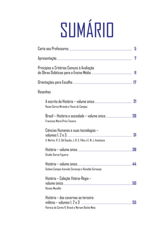 SUMÁRIO
Carta aos Professores                                                     5

Apresentação                                                              7

Princípios e Critérios Comuns à Avaliação
de Obras Didáticas para o Ensino Médio                                   11

Orientações para Escolha                                                 17

Resenhas

     A escrita da História – volume único                                21
     Renan Garcia Miranda e Flavio de Campos


     Brasil – História e sociedade – volume único                        26
     Francisco Maria Pires Teixeira


     Ciências Humanas e suas tecnologias –
     volumes 1, 2 e 3                                                    31
     A. Martini, R. S. Del Gaudio, J. B. S. Filho e C. M. J. Anastacia


     História – volume único                                             38
     Divalte Garcia Figueira


     História – volume único                                             44
     Gislane Campos Azevedo Seriacopi e Reinaldo Seriacopi


     História – Coleção Vitória-Régia –
     volume único                                                        50
     Renato Mocellin

     História – das cavernas ao terceiro
     milênio – volumes 1, 2 e 3                                          55
     Patrícia do Carmo R. Braick e Myriam Becho Mota
 