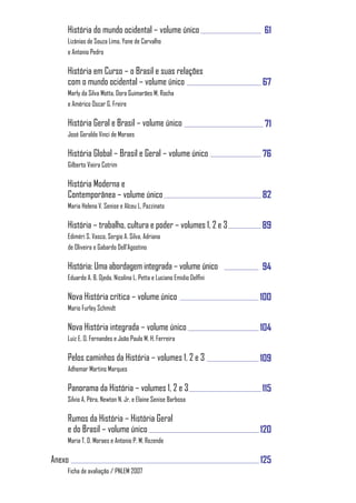 História do mundo ocidental – volume único                         61
    Lizânias de Souza Lima, Yone de Carvalho
    e Antonio Pedro

    História em Curso – o Brasil e suas relações
    com o mundo ocidental – volume único                              67
    Marly da Silva Motta, Dora Guimarães M. Rocha
    e Américo Oscar G. Freire

    História Geral e Brasil – volume único                             71
    José Geraldo Vinci de Moraes

    História Global – Brasil e Geral – volume único                   76
    Gilberto Vieira Cotrim

    História Moderna e
    Contemporânea – volume único                                      82
    Maria Helena V. Senise e Alceu L. Pazzinato

    História – trabalho, cultura e poder – volumes 1, 2 e 3           89
    Ediméri S. Vasco, Sergio A. Silva, Adriana
    de Oliveira e Gabardo Dell’Agostino

    História: Uma abordagem integrada – volume único                  94
    Eduardo A. B. Ojeda, Nicolina L. Petta e Luciano Emidio Delfini

    Nova História crítica – volume único                              100
    Mario Furley Schmidt

    Nova História integrada – volume único                            104
    Luiz E. O. Fernandes e João Paulo M. H. Ferreira

    Pelos caminhos da História – volumes 1, 2 e 3                     109
    Adhemar Martins Marques

    Panorama da História – volumes 1, 2 e 3                           115
    Silvio A. Pêra, Newton N. Jr. e Elaine Senise Barbosa

    Rumos da História – História Geral
    e do Brasil – volume único                                        120
    Maria T. D. Moraes e Antonio P. M. Rezende

Anexo                                                                 125
    Ficha de avaliação / PNLEM 2007
 