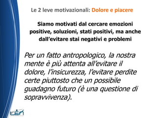 Le 2 leve motivazionali: Dolore e piacere

    Siamo motivati dal cercare emozioni
 positive, soluzioni, stati positivi, ma anche
    dall’evitare stai negativi e problemi


Per un fatto antropologico, la nostra
mente è più attenta all’evitare il
dolore, l’insicurezza, l’evitare perdite
certe piuttosto che un possibile
guadagno futuro (è una questione di
sopravvivenza).
 