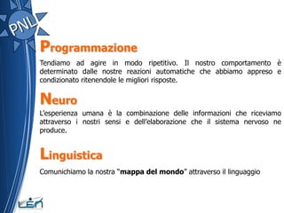 Programmazione
Tendiamo ad agire in modo ripetitivo. Il nostro comportamento è
determinato dalle nostre reazioni automatiche che abbiamo appreso e
condizionato ritenendole le migliori risposte.


Neuro
L’esperienza umana è la combinazione delle informazioni che riceviamo
attraverso i nostri sensi e dell’elaborazione che il sistema nervoso ne
produce.


Linguistica
Comunichiamo la nostra “mappa del mondo” attraverso il linguaggio
 