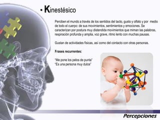• Kinestésico
Perciben el mundo a través de los sentidos del tacto, gusto y olfato y por medio
de todo el cuerpo: de sus movimientos, sentimientos y emociones. Se
caracterizan por postura muy distendida movimientos que miman las palabras,
respiración profunda y amplia, voz grave, ritmo lento con muchas pausas.
Gustan de actividades físicas, así como del contacto con otras personas.
Frases recurrentes:
“Me pone los pelos de punta”
“Es una persona muy dulce”

Percepciones

 