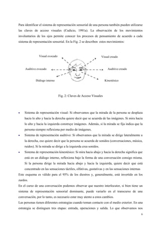 Para identificar el sistema de representación sensorial de una persona también pueden utilizarse
las claves de acceso visuales (Cudicio, 1991a). La observación de los movimientos
involuntarios de los ojos permite conocer los procesos de pensamiento de acuerdo a cada
sistema de representación sensorial. En la Fig. 2 se describen estos movimientos:
Fig. 2: Claves de Acceso Visuales
• Sistema de representación visual: Si observamos que la mirada de la persona se desplaza
hacia lo alto y hacia la derecha quiere decir que se acuerda de las imágenes. Si mira hacia
lo alto y hacia la izquierda construye imágenes. Además, si la mirada se fija indica que la
persona siempre reflexiona por medio de imágenes.
• Sistema de representación auditivo: Si observamos que la mirada se dirige lateralmente a
la derecha, eso quiere decir que la persona se acuerda de sonidos (conversaciones, música,
ruidos). Si la mirada se dirige a la izquierda crea sonidos.
• Sistema de representación kinestésico: Si mira hacia abajo y hacia la derecha significa que
está en un diálogo interno, reflexiona bajo la forma de una conversación consigo misma.
Si la persona dirige la mirada hacia abajo y hacia la izquierda, quiere decir que está
concentrado en las sensaciones táctiles, olfativas, gustativas y en las sensaciones internas
Este esquema es válido para el 95% de los diestros y, generalmente, está invertido en los
zurdos.
En el curso de una conversación podemos observar que nuestro interlocutor, si bien tiene un
sistema de representación sensorial dominante, puede variarlo en el transcurso de una
conversación, por lo tanto, es necesario estar muy atento a estos cambios.
Las personas tienen diferentes estrategias cuando toman contacto con el medio exterior. En una
estrategia se distinguen tres etapas: entrada, operaciones y salida. Lo que observamos nos
6
Visual creadoVisual evocado
Kinestésico
Auditivo creadoAuditivo evocado
Diálogo interno
 
