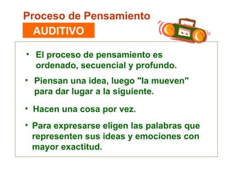 El proceso de pensamiento es ordenado, secuencial y profundo. Proceso de Pensamiento AUDITIVO Piensan una idea, luego "la mueven" para dar lugar a la siguiente.  Hacen una cosa por vez.  Para expresarse eligen las palabras   que  representen sus ideas y emociones con  mayor exactitud. 