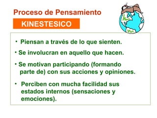 Piensan a través de lo que sienten.  Proceso de Pensamiento KINESTESICO Se involucran en aquello que hacen. Se motivan participando (formando  parte de) con sus acciones y opiniones.  Perciben con mucha facilidad sus estados internos (sensaciones y  emociones). 