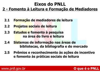 2.1 Formação de mediadores de leitura 2.2 Projetos sociais de leitura 2.3 Estudos e fomento à pesquisa  na área do livro e leitura 2.4 Sistemas de informação nas áreas de bibliotecas, da bibliografia e do mercado 2.5 Prêmios e reconhecimento às ações de incentivo  e fomento às práticas sociais de leitura Eixos do PNLL 2 - Fomento à Leitura e Formação de Mediadores www.pnll.gov.br   O que é o PNLL 