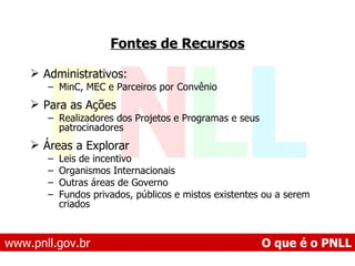 Fontes de Recursos Administrativos: MinC, MEC e Parceiros por Convênio Para as Ações Realizadores dos Projetos e Programas e seus patrocinadores Áreas a Explorar Leis de incentivo Organismos Internacionais Outras áreas de Governo Fundos privados, públicos e mistos existentes ou a serem criados www.pnll.gov.br   O que é o PNLL 