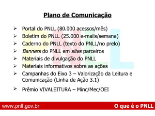 Plano de Comunicação Portal do PNLL (80.000 acessos/mês) Boletim do PNLL (25.000 e-mails/semana) Caderno do PNLL (texto do PNLL/no prelo) Banners  do PNLL em  sites  parceiros Materiais de divulgação do PNLL Materiais informativos sobre as ações Campanhas do Eixo 3 – Valorização da Leitura e Comunicação (Linha de Ação 3.1) Prêmio VIVALEITURA – Minc/Mec/OEI   www.pnll.gov.br   O que é o PNLL 