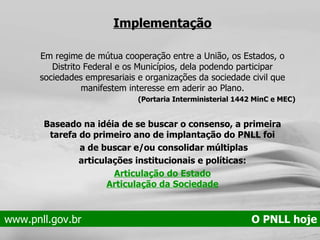 Implementação Em regime de mútua cooperação entre a União, os Estados, o Distrito Federal e os Municípios, dela podendo participar sociedades empresariais e organizações da sociedade civil que manifestem interesse em aderir ao Plano. (Portaria Interministerial 1442 MinC e MEC) Baseado na idéia de se buscar o consenso, a primeira tarefa do primeiro ano de implantação do PNLL foi a de buscar e/ou consolidar múltiplas articulações institucionais e políticas:  Articulação do Estado Articulação da Sociedade www.pnll.gov.br   O PNLL hoje 