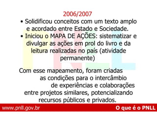 www.pnll.gov.br   O que é o PNLL 2006/2007  Solidificou conceitos com um texto amplo e acordado entre Estado e Sociedade.  Iniciou o MAPA DE AÇÕES: sistematizar e divulgar as ações em prol do livro e da leitura realizadas no país (atividade permanente)  Com esse mapeamento, foram criadas  as condições para o intercâmbio  de experiências e colaborações entre projetos similares, potencializando recursos públicos e privados.  