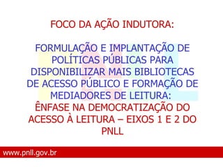 www.pnll.gov.br   O que é o PNLL FOCO DA AÇÃO INDUTORA: FORMULAÇÃO E IMPLANTAÇÃO DE POLÍTICAS PÚBLICAS PARA DISPONIBILIZAR MAIS BIBLIOTECAS DE ACESSO PÚBLICO E FORMAÇÃO DE MEDIADORES DE LEITURA:  ÊNFASE NA DEMOCRATIZAÇÃO DO ACESSO À LEITURA – EIXOS 1 E 2 DO PNLL 