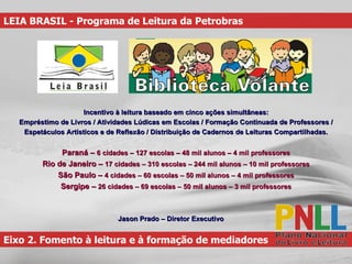 Eixo 2. Fomento à leitura e à formação de mediadores LEIA BRASIL - Programa de Leitura da  Petrobras Incentivo à leitura baseado em cinco ações simultâneas: Empréstimo de Livros / Atividades Lúdicas em Escolas / Formação Continuada de Professores / Espetáculos Artísticos e de Reflexão / Distribuição de Cadernos de Leituras Compartilhadas. Paraná –  6 cidades – 127 escolas – 48 mil alunos – 4 mil professores Rio de Janeiro –  17 cidades – 310 escolas – 244 mil alunos – 10 mil professores São Paulo –  4 cidades – 60 escolas – 50 mil alunos – 4 mil professores Sergipe –  26 cidades – 69 escolas – 50 mil alunos – 3 mil professores Jason Prado – Diretor Executivo  