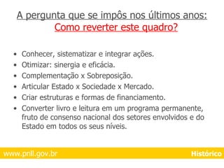 A pergunta que se impôs nos últimos anos:  Como reverter este quadro? Conhecer, sistematizar e integrar ações. Otimizar: sinergia e eficácia. Complementação x Sobreposição. Articular Estado x Sociedade x Mercado. Criar estruturas e formas de financiamento. Converter livro e leitura em um programa permanente, fruto de consenso nacional dos setores envolvidos e do Estado em todos os seus níveis. www.pnll.gov.br     Histórico 