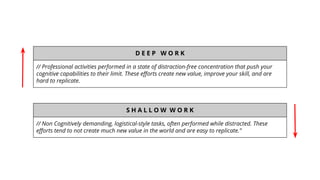 D E E P W O R K
// Professional activities performed in a state of distraction-free concentration that push your
cognitive capabilities to their limit. These eﬀorts create new value, improve your skill, and are
hard to replicate.
S H A L L O W W O R K
// Non Cognitively demanding, logistical-style tasks, often performed while distracted. These
eﬀorts tend to not create much new value in the world and are easy to replicate.”
 