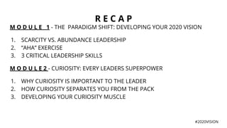 R E C A P
M O D U L E 1 - THE PARADIGM SHIFT: DEVELOPING YOUR 2020 VISION
1. SCARCITY VS. ABUNDANCE LEADERSHIP
2. “AHA” EXERCISE
3. 3 CRITICAL LEADERSHIP SKILLS
M O D U L E 2 - CURIOSITY: EVERY LEADERS SUPERPOWER
1. WHY CURIOSITY IS IMPORTANT TO THE LEADER
2. HOW CURIOSITY SEPARATES YOU FROM THE PACK
3. DEVELOPING YOUR CURIOSITY MUSCLE
#2020VISION
 