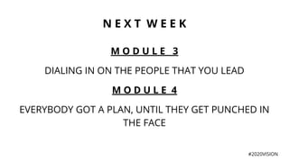 N E X T W E E K
M O D U L E 3
DIALING IN ON THE PEOPLE THAT YOU LEAD
M O D U L E 4
EVERYBODY GOT A PLAN, UNTIL THEY GET PUNCHED IN
THE FACE
#2020VISION
 