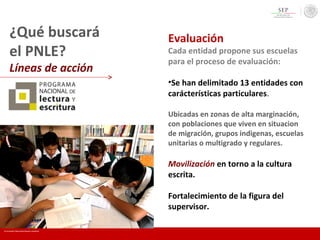 Evaluación
Cada entidad propone sus escuelas
para el proceso de evaluación:
•Se han delimitado 13 entidades con
carácterísticas particulares.
Ubicadas en zonas de alta marginación,
con poblaciones que viven en situacion
de migración, grupos indigenas, escuelas
unitarias o multigrado y regulares.
Movilización en torno a la cultura
escrita.
Fortalecimiento de la figura del
supervisor.
En mi escuela Todos somos lectores y escritores
¿Qué buscará
el PNLE?
Líneas de acción
 