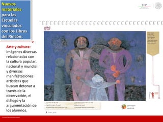Arte y cultura:
imágenes diversas
relacionadas con
la cultura popular,
nacional y mundial
y diversas
manifestaciones
artísticas que
buscan detonar a
través de la
observación, el
diálogo y la
argumentación de
los alumnos.
NuevosNuevos
materialesmateriales
para laspara las
EscuelasEscuelas
vinculadosvinculados
con los Libroscon los Libros
del Rincón:del Rincón:
NuevosNuevos
materialesmateriales
para laspara las
EscuelasEscuelas
vinculadosvinculados
con los Libroscon los Libros
del Rincón:del Rincón:
En mi escuela Todos somos lectores y escritores
 