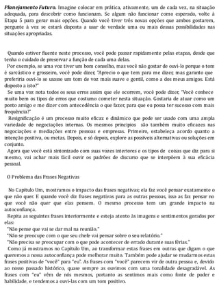 Planejamento	Futuro.	Imagine	colocar	em	prática,	ativamente,	um	de	cada	vez,	na	situação
adequada,	 para	 descobrir	 como	 funcionam.	 Se	 algum	 não	 funcionar	 como	 esperado,	 volte	 à
Etapa	 5	 para	 gerar	 mais	 opções.	 Quando	 você	 tiver	 três	 novas	 opções	 que	 ambos	 gostarem,
pergunte	 à	 voz	 se	 estará	 disposta	 a	 usar	 de	 verdade	 uma	 ou	 mais	 dessas	 possibilidades	 nas
situações	apropriadas.
	
	
		Quando	estiver	 luente	neste	processo,	você	pode	passar	rapidamente	pelas	etapas,	desde	que
tenha	o	cuidado	de	preservar	a	função	de	cada	uma	delas.
		Por	exemplo,	se	uma	voz	tiver	um	bom	conselho,	mas	você	não	gostar	de	ouvi-lo	porque	o	tom
é	sarcástico	e	grosseiro,	você	pode	dizer,	“Aprecio	o	que	tem	para	me	dizer,	mas	garanto	que
preferiria	ouvi-lo	se	usasse	um	tom	de	voz	mais	suave	e	gentil,	como	a	dos	meus	amigos.	Está
disposto	a	isto?”
		Se	uma	voz	nota	todos	os	seus	erros	assim	que	ele	ocorrem,	você	pode	dizer,	“Você	conhece
muito	bem	os	tipos	de	erros	que	costumo	cometer	nesta	situação.	Gostaria	de	atuar	como	um
ponto	amigo	e	me	dizer	com	antecedência	o	que	fazer,	para	que	eu	possa	ter	sucesso	com	mais
frequência?”
	 	 Resigni icação	 é	 um	 processo	 muito	 e icaz	 e	 dinâmico	 que	 pode	 ser	 usado	 com	 uma	 ampla
variedade	 de	 negociações	 internas.	 Os	 mesmos	 principios	 	 são	 também	 muito	 e icazes	 nas
negociações	 e	 mediações	 entre	 pessoas	 e	 empresas.	 Primeiro,	 estabeleça	 acordo	 quanto	 a
intenção	positiva,	ou	metas.	Depois,	e	só	depois,	explore	as	possı́veis	alternativas	ou	soluções	em
conjunto.
		Agora	que	você	está	sintonizado	com	suas	vozes	interiores	e	os	tipos	de		coisas	que	diz	para	si
mesmo,	 vai	 achar	 mais	 fácil	 ouvir	 os	 padrões	 de	 discurso	 que	 se	 interpõem	 à	 sua	 e icácia
pessoal.
	
		O	Problema	das	Frases	Negativas
	
			No	Capı́tulo	Um,	mostramos	o	impacto	das	frases	negativas;	ela	faz	você	pensar	exatamente	o
que	não	quer.	E	quando	você	diz	frases	negativas	para	as	outras	pessoas,	isso	as	faz	pensar	no
que	 você	 não	 quer	 que	 elas	 pensem.	 O	 mesmo	 processo	 tem	 um	 grande	 impacto	 na
autoconfiança.
		Repita	as	seguintes	frases	interiormente	e	esteja	atento	às	imagens	e	sentimentos	gerados	por
elas:
		“Não	pense	que	vai	se	dar	mal	na	reunião.”
		“Não	se	preocupe	com	o	que	seu	chefe	vai	pensar	sobre	o	seu	relatório.”
		“Não	precisa	se	preocupar	com	o	que	pode	acontecer	de	errado	durante	suas	férias.”
		Como	já	mostramos	no	Capı́tulo	Um,	ao	transformar	estas	frases	em	outras	que	digam	o	que
queremos	a	nossa	autoconfiança	pode	melhorar	muito.	Também	pode	ajudar	se	mudarmos	estas
frases	positivas	de	“você”	para	“eu”.	As	frases	com	“você”	parecem	vir	de	outra	pessoa	e,	devido
ao	 nosso	 passado	 histórico,	 quase	 sempre	 as	 ouvimos	 com	 uma	 tonalidade	 desagradável.	 As
frases	 com	 “eu”	 vêm	 de	 nós	 mesmos,	 portanto	 as	 sentimos	 mais	 como	 fonte	 de	 poder	 e
habilidade,	e	tendemos	a	ouvi-las	com	um	tom	positivo.
 