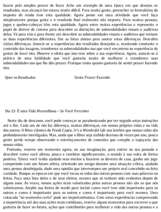 fazem	 pelo	 simples	 prazer	 de	 fazer.	 Ache	 um	 exemplo	 de	 uma	 época	 em	 que	 desejou	 os
resultados,	mas	alcançá-los	estava	muito	difı́cil.	Para	muita	gente,	preencher	os	formulários	do
imposto	 de	 renda	 tem	 esta	 qualidade.	 Agora	 pense	 em	 uma	 atividade	 que	 você	 faça
simplesmente	 porque	 gosta	 e	 o	 resultado	 inal	 realmente	 não	 importa.	 Para	 muitas	 pessoas,
jogos	 e	 quebra-cabeças	 têm	 esta	 qualidade.	 Agora	 entre	 nestas	 experiências	 e	 represente	 o
papel	de	diretor	de	cinema	para	descobrir	as	distinções	de	submodalidades	visuais	e	auditivas
delas.	Vá	para	trás	e	para	frente	até	descobrir	as	submodalidades	visuais	e	auditivas	que	tornam
as	 duas	 experiências	 diferentes.	 Use	 as	 listas	 abaixo	 para	 anotar	 estas	 diferenças.	 Descubra
várias	diferenças.	Associe-se	a	experiências	dos	resultados	desejados	e,	mantendo	constante	o
conteúdo	das	imagens,	transforme	as	submodalidades	nas	que	você	encontrou	na	experiência	de
gostar	de	fazer	isto.	Observe	o	efeito	que	isso	tem	sobre	a	sua	experiência.	Agora,	associe-se	à
prática	 de	 uma	 habilidade	 que	 você	 gostaria	 muito	 de	 melhorar	 e	 transforme	 suas
submodalidades	nas	que	lhe	dão	prazer.	Pratique	tanto	quanto	gostaria	de	sentir	prazer	fazendo
isto.
	
		Quer	os	Resultados																																									Sente	Prazer	Fazendo
	
	
	
	
	
	
		Dia	21:	É	uma	Vida	Maravilhosa	–	Se	Você	Perceber
	
				 Neste	dia	de	descanso,	você	pode	começar	se	parabenizando	por	ter	seguido	estas	instruções
até	o	 im.	Cada	um	de	nós	faz	diferença,	muitas	diferenças,	em	nossas	próprias	vidas	e	na	vida
dos	outros.	O	filme	clássico	de	Frank	Capra,	It’s	a	Wonderful	Life	nos	lembra	que	nossas	vidas	são
profundamente	interligadas.	Mas,	ainda	que	o	filme	seja	exibido	dezenas	de	vezes	por	ano,	pouca
gente	 perde	 tempo	 observando	 o	 entrelaçamento	 de	 conexões	 que	 compõe	 a	 tapeçaria	 das
nossas	vidas.
	 	 Portanto,	 reserve	 um	 momento	 agora,	 na	 sua	 imaginação,	 para	 entrar	 no	 seu	 passado	 e
descobrir	 como	 você	 afetou,	 pouco	 e	 também	 signi icamente,	 o	 mundo	 à	 sua	 volta	 de	 forma
positiva.	Talvez	você	tenha	ajudado	seus	irmãos	a	fazerem	os	deveres	de	casa,	ganho	um	jogo
competindo	com	um	futuro	atleta,	orientado	um	amigo	durante	uma	situação	crı́tica,	ajudado
uma	pessoa	desabrigada,	dado	uma	opinião	que	interrompeu	um	projeto	mal	concebido	ou	feito
caridade.	Busque	as	épocas	em	que	você	tocou	as	vidas	das	outras	pessoas	com	suas	palavras	ou
feitos.	Faça	uma	lista	delas	e	de	seus	efeitos,	mesmo	que	só	tenham	sido	evidentes	depois	de
alguns	 anos.	 As	 vezes,	 nossas	 ações	 mais	 valorizadas	 pelas	 outras	 pessoas	 não	 são	 as	 que	 nós
valorizamos.	Amplie	sua	forma	de	medir	para	incluir	como	você	tem	sido	importante	para	os
outros	 e	 como	 é	 importante	 para	 os	 outros	 e	 como	 é	 importante	 para	 você	 mesmo.	 Uma
cutucada	“no	momento	certo”	pode	ser	importantı́ssima.	Com	estas	experiências	comprovando
a	importância	até	das	suas	ações	mais	cotidianas,	reserve	alguns	momentos	para	escrever	o	que
gostaria	de	fazer	no	futuro,	ações	que	contribuirão	para	melhorar	a	vida	das	outras	pessoas	e	o
 