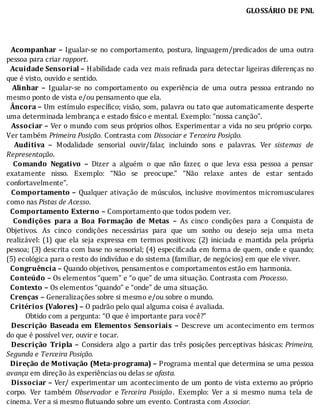 GLOSSÁRIO	DE	PNL
	
	
	
		Acompanhar	–	Igualar-se	no	comportamento,	postura,	linguagem/predicados	de	uma	outra
pessoa	para	criar	rapport.
		Acuidade	Sensorial	–	Habilidade	cada	vez	mais	re inada	para	detectar	ligeiras	diferenças	no
que	é	visto,	ouvido	e	sentido.
		 Alinhar	 –	 Igualar-se	 no	 comportamento	 ou	 experiência	 de	 uma	 outra	 pessoa	 entrando	 no
mesmo	ponto	de	vista	e/ou	pensamento	que	ela.
		Âncora	–	Um	estı́mulo	especı́ ico;	visão,	som,	palavra	ou	tato	que	automaticamente	desperte
uma	determinada	lembrança	e	estado	físico	e	mental.	Exemplo:	“nossa	canção”.
		 Associar	–	Ver	o	mundo	com	seus	próprios	olhos.	Experimentar	a	vida	no	seu	próprio	corpo.
Ver	também	Primeira	Posição.	Contrasta	com	Dissociar	e	Terceira	Posição.
		 Auditiva	 –	 Modalidade	 sensorial	 ouvir/falar,	 incluindo	 sons	 e	 palavras.	 Ver	 sistemas	 de
Representação.
		 Comando	 Negativo	 –	 Dizer	 a	 alguém	 o	 que	 não	 fazer,	 o	 que	 leva	 essa	 pessoa	 a	 pensar
exatamente	 nisso.	 Exemplo:	 “Não	 se	 preocupe.”	 “Não	 relaxe	 antes	 de	 estar	 sentado
confortavelmente”.
		 Comportamento	–	 Qualquer	 ativação	 de	 músculos,	 inclusive	 movimentos	 micromusculares
como	nas	Pistas	de	Acesso.
		Comportamento	Externo	–	Comportamento	que	todos	podem	ver.
		 Condições	 para	 a	 Boa	 Formação	 de	 Metas	 –	 As	 cinco	 condições	 para	 a	 Conquista	 de
Objetivos.	 As	 cinco	 condições	 necessárias	 para	 que	 um	 sonho	 ou	 desejo	 seja	 uma	 meta
realizável:	 (1)	 que	 ela	 seja	 expressa	 em	 termos	 positivos;	 (2)	 iniciada	 e	 mantida	 pela	 própria
pessoa;	(3)	descrita	com	base	no	sensorial;	(4)	especi icada	em	forma	de	quem,	onde	e	quando;
(5)	ecológica	para	o	resto	do	indivíduo	e	do	sistema	(familiar,	de	negócios)	em	que	ele	viver.
		Congruência	–	Quando	objetivos,	pensamentos	e	comportamentos	estão	em	harmonia.
		Conteúdo	–	Os	elementos	“quem”	e	“o	que”	de	uma	situação.	Contrasta	com	Processo.
		Contexto	–	Os	elementos	“quando”	e	“onde”	de	uma	situação.
		Crenças	–	Generalizações	sobre	si	mesmo	e/ou	sobre	o	mundo.
		Critérios	(Valores)	–	O	padrão	pelo	qual	alguma	coisa	é	avaliada.
										Obtido	com	a	pergunta:	“O	que	é	importante	para	você?”
		 Descrição	Baseada	em	Elementos	Sensoriais	–	Descreve	um	acontecimento	em	termos
do	que	é	possível	ver,	ouvir	e	tocar.
		 Descrição	 Tripla	 –	 Considera	 algo	 a	 partir	 das	 três	 posições	 perceptivas	 básicas:	Primeira,
Segunda	e	Terceira	Posição.
		Direção	de	Motivação	(Meta-programa)	–	Programa	mental	que	determina	se	uma	pessoa
avança	em	direção	às	experiências	ou	delas	se	afasta.
		 Dissociar	–	Ver/	experimentar	um	acontecimento	de	um	ponto	de	vista	externo	ao	próprio
corpo.	 Ver	 também	 Observador	 e	Terceira	 Posição.	 Exemplo:	 Ver	 a	 si	 mesmo	 numa	 tela	 de
cinema.	Ver	a	si	mesmo	flutuando	sobre	um	evento.	Contrasta	com	Associar.
 