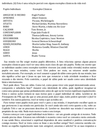 individuais.	(6)	Esta	é	uma	relação	parcial	com	alguns	exemplos	clássicos	da	vida	real:
	
		Papéis	Individuais																					Exemplos	Clássicos
	
		AMIGO	DE	SI	MESMO											Hugh	Prather
		APRENDIZ																															Albert	Einstein
		ARTISTA																																		Picasso,	Michelangelo
		ATLETA																																			Michael	Jordan,	Martina	Navratilova
		BOBO																																								Steve	Martin,	o	bobo	em	Rei	Lear
		CAÇADOR																															Tom	Brown,	Jr.
		CONTEMPLADOR																		Papa	João	Paulo	II
		CRIADOR																																	Thomas	Jefferson,	Amory	Lovins
		DESCOBRIDOR																							Nicolau	Copérnico,	Isaac	Newton
		GUERREIRO																												General	Norman	Schwarzkopf
		HERÓI/HEROÍNA																			Martin	Luther	King,	Susan	B.	Anthony
		LÍDER																																							Mahatma	Gandhi,	Winston	Churchill
		MAGO																																							Merlin
		SÁBIO																																							Jesus	
		SANTA																																					Madre	Teresa
	
	 	 Sua	 missão	 vai	 lhe	 exigir	 muitos	 papéis	 diferentes.	 A	 lista	 relaciona	 apenas	 alguns	 poucos
exemplos	clássicos	para	você	ter	uma	ideia	mais	clara	do	que	são	papéis.	Tenha	em	mente	que
os	indivı́duos	usados	como	exemplos	também	viveram	(ou	ainda	estão	vivendo)	muitos	outros
papéis	 em	 suas	 missões,	 como	 você.	 Eles	 podem	 ser	 reais,	 ou	 estarem	 sendo	 usados
metaforicamente.	Por	exemplo,	se	você	assumir	o	papel	do	sábio	como	parte	da	sua	missão,	isso
não	 signi ica	 achar	 que	 é	 Jesus	 ou	 que	 tem	 que	 renunciar	 a	 toda	 atividade	 mundana	 e	 icar
rezando	 o	 dia	 inteiro.	 Pelo	 contrário,	 o	 papel	 de	 sábio	 pode	 ser	 usado	 como	 uma	 identidade
básica	interiormente.
		Você	pode	dizer,	“Sou	um	sábio.	Como	tal,	como	posso	viver	este	papel	demonstrando	amor,
compaixão	 e	 sabedoria	 hoje?”	 Assumir	 esta	 identidade	 de	 sábio,	 pode	 signi icar	 imaginar-se
como	uma	pessoa	que	pensa	profundamente	antes	de	agir	ou	ler	textos	espirituais	regularmente.
Estas	 e	 outras	 ações	 tornam-se	 suas	 metas	 para	 o	 papel	 individual	 de	 sábio.	 Lembre-se	 do
Pressuposto	da	PNL	que	diz	que	se	uma	pessoa	pode	fazer	algo,	todos	podem	aprender	a	fazê-lo
também.	Em	outras	palavras,	você	se	torna	o	que	acredita	ser.
		Para	tornar	esses	papéis	reais	para	você	e	para	a	sua	missão,	é	importante	escolher	quais	os
que	pertencem	à	sua	missão	em	particular.	Se	você	ainda	não	está	certo	quanto	a	ela,	volte	ao
Capı́tulo	 Três	 e	 use	 os	 processos	 descritos	 ali.	 Lembre-se:	 descobrir	 sua	 missão	 é	 encontrar	 o
propósito	da	sua	vida.	Nada	mais	merece	tanto	o	seu	tempo.
		Vamos	começar	com	o	papel	individual	mais	básico	–	ser	um	grande	amigo	de	si	mesmo.	Todo
mundo	precisa	disso.	Estamos	nos	referindo	à	maneira	como	você	se	comunica	nesta	amizade.
A	sua	saúde	fı́sica,	emocional	e	espiritual	dependem	de	uma	saudável	e	positiva	comunicação
consigo	mesmo.	Você	se	trata	como	se	fosse	o	seu	melhor	amigo?	Você	conversa	sozinho	em
frente	ao	espelho	regularmente	num	tom	amigável,	amoroso	e	solicito?	Se	as	suas	respostas	a
 
